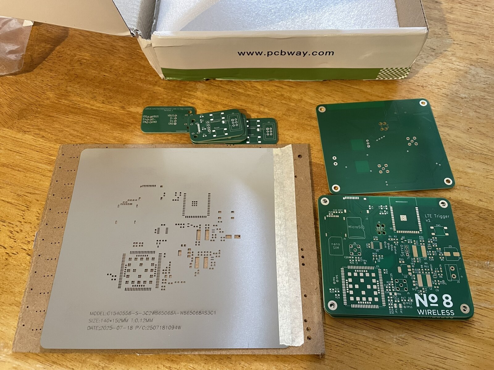 Newly unpacked
boards and stencil